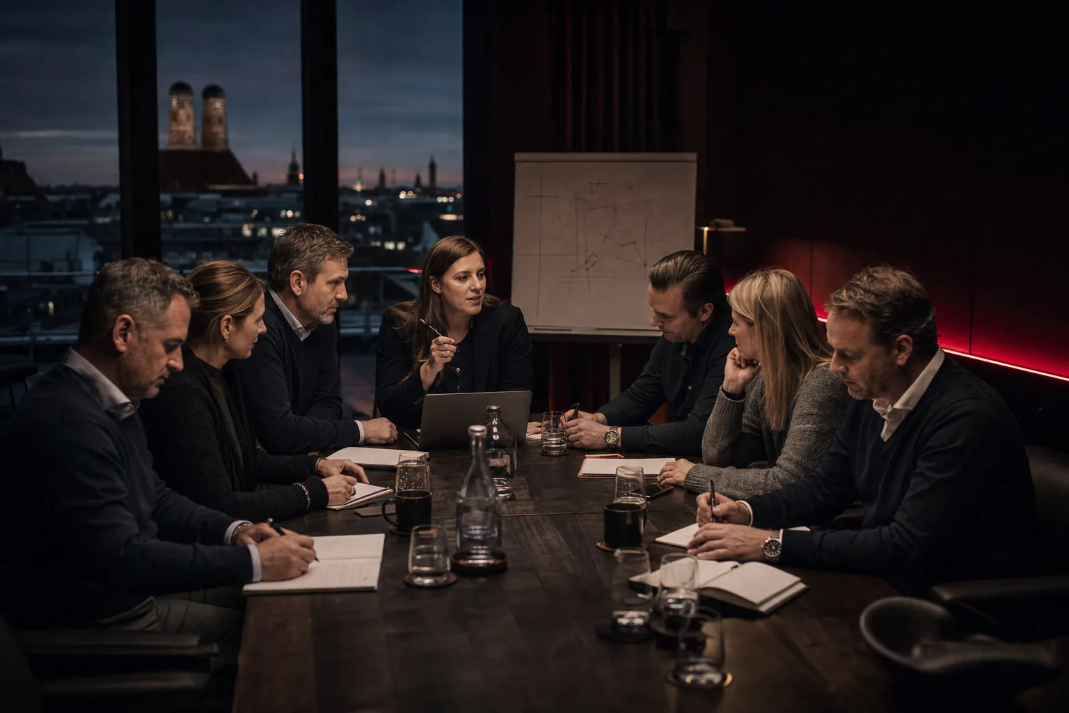 Eine kleine Gruppe von Finanzdienstleistern arbeitet konzentriert an einem Tisch, im Hintergrund München